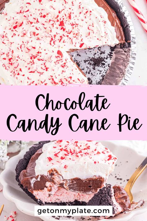 This no bake Chocolate Peppermint Pie (also called Candy Cane Pie) will become a staple at your house! It's layered with fluffy, peppermint cream cheese, chocolate pudding and whipped cream, all on top of a chocolate crust! It's amazing for a holiday dessert, but it can truly be enjoyed ANY time of year! This is a great Christmas pie recipe is a festive holiday dessert. It is made with pudding making it a no bake pudding pie and holiday pudding dessert. Christmas Pies With Graham Cracker Crust, Chocolate Peppermint Pie No Bake, Bakers Square Candy Cane Pie Recipe, Peppermint Pudding Pie, Peppermint Chocolate Pie, No Bake Cream Pies, Christmas Dessert Ideas Easy Simple, Holiday Pies Christmas, No Bake Pudding Pie