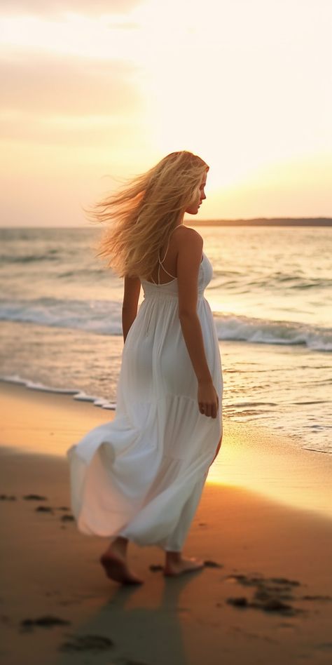 beautiful woman in white dress Beach Dress Photoshoot Photo Ideas, White Dress Beach Photoshoot, White Dress Pictures, Golden Hour Beach Photoshoot, Beach Dress Photoshoot, Sunset Photoshoot Ideas, Beach Fashion Photography, Peaceful Water, Woman In White Dress