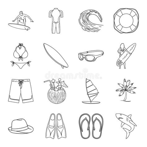 Surfing set icons in outline style. Big collection of surfing vector symbol stock illustration stock illustration Surf Symbols, Surfing Vector, Outline Design, Outline Designs, Big Book, Vector Icons, Aspen, Volleyball, Stock Illustration