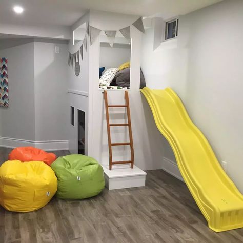 Playroom Slide, Indoor Playroom, Extra Space Storage, Basement Playroom, Basement Living Rooms, Kids Basement, Cozy Basement, Kids Playroom Decor, Basement Makeover