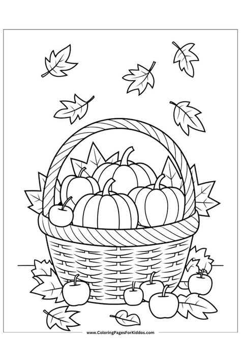 A basket filled with pumpkins and apples, with Fall leaves floating around. Thanks Giving Coloring Page, Fall Color Sheets, Fall Coloring Sheets Free Printable, Cute Fall Coloring Pages, Fall Coloring Pages Free Printable, November Coloring Pages, Leaves Coloring Pages, Free Printable Fall Coloring Pages, Fall Coloring Pages For Kids