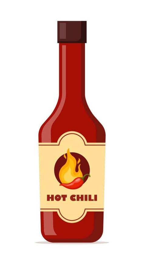 Spicy sauce in red bottle. Ketchup, hot tomato and chili sauce in bottle, red chili pepper and yellow fire on label. Vector illustration. Sauce Illustration, Chile Colorado, Bottle Drawing, Red Chili Peppers, Spicy Chili, Tomato Ketchup, Chilli Sauce, Spicy Sauce, Vector Cartoon