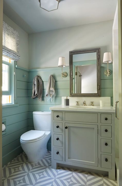 Tim Barber Ltd. | House of Turquoise Small Farmhouse Bathroom, Makeover Kamar Mandi, Cottage Style Bathrooms, Half Bath Remodel, Cottage Bathroom Ideas, Beach House Bathroom, Farmhouse Bathroom Design, Shiplap Walls, Bathroom Decor Colors