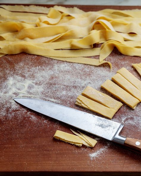 Fresh Pappardelle | The flat egg noodles known as pappardelle are like a wider fettuccine. The ribbony pasta is the perfect canvas for a homemade sauce like like Grandma's Bolognese. #food #recipe #marthastewart #pasta Pappardelle Recipe, Pappardelle Pasta, Egg Pasta, Homemade Noodles, Pasta Dough, Pasta Maker, Fresh Pasta, Homemade Pasta, Homemade Sauce