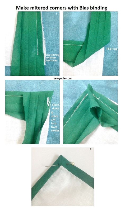 All the Best ways to do BIAS BINDING - Sew Guide How To Turn A Corner With Bias Binding, Bias Tape Corners, Sew Mitered Corners, Sewing Corners, Sewing Edges, Sewing Mitered Corners, Sewing Bias Tape, Bias Tape Binding, Learn Sewing