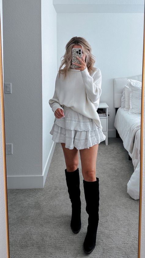 Sweater Over Sundress Outfit, Ruffle Skirt Sweater Outfit, Flowy Skirt And Sweater Outfit, Family Photo Outfits All Black, Black Skirt With Sweater Outfit, Sweater And Dress Layering Outfit Ideas, Fall Dress Outfit Formal, White Ruffle Skirt Outfit Ideas, Skirt Oversized Sweater Outfit