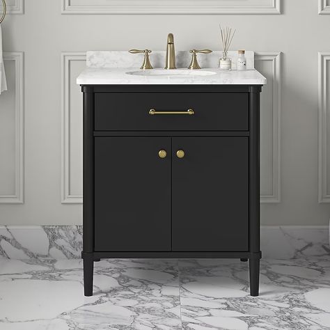 allen + roth Rian 30-in Onyx Black Undermount Single Sink Bathroom Vanity with White Engineered Marble Top in the Bathroom Vanities with Tops department at Lowes.com Black Vanity Bathroom Hardware, Half Bath White Vanity Black Hardware, Black Hardware Vanity Bathroom, Blck Bathroom Vanity, Small Bathroom Vanity Black, Black Marble Top Bathroom Vanity, Bkack Bathroom Vanity, Powder Room Tables, Glam Powder Room Target