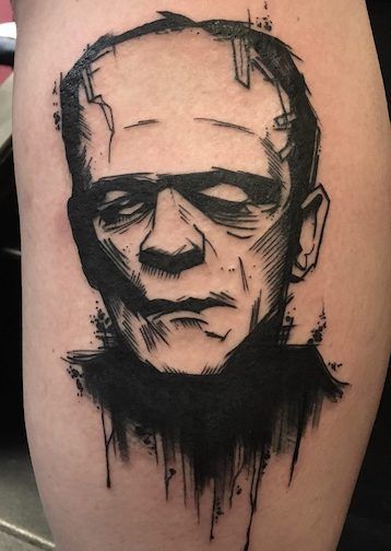 Universal Monsters Tattoo, Horror Tattoo Ideas, Frankenstein Tattoo, Horror Movie Tattoos, Monster Tattoo, Occult Tattoo, Tattoo Shading, Movie Tattoos, Scary Tattoos