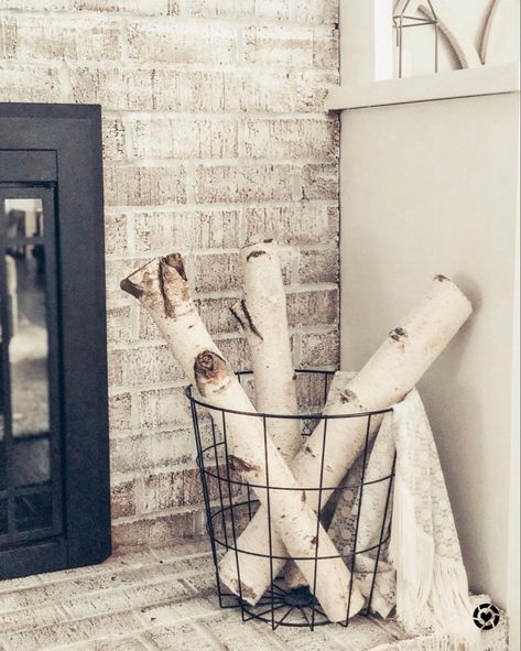 http://liketk.it/30hOz @liketoknow.it #liketkit #StayHomeWithLTK #LTKhome fireplace decor. birch logs. metal basket Basket With Birch Logs, Birchwood Fireplace Decor, Log Display Fireplace, Birch Tree Decor Living Room, Fireplace With Birch Logs, Fireplace Basket With Logs, Birch Wood Fireplace, Birch Wood Logs Decor, Birch Logs In Basket