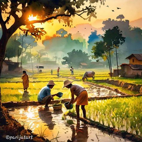 Bangladesh Village Painting, Indian Scenery Painting, Water Colour Village Scenery, Watercolor Indian Paintings, Village Scene Painting Watercolor, Agriculture Art Paintings, Scenery With Human Figures, Village Painting Indian Landscape, Former Images