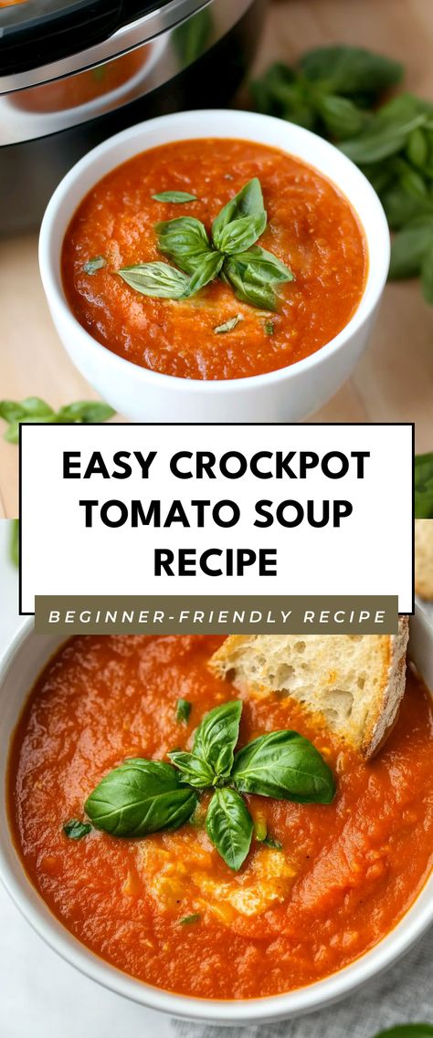 Image for Easy Crockpot Tomato Soup Recipe Tomato Crockpot Recipes, Tomato Soup Recipe Crock Pot, Tomato Soup Recipe With Canned Tomatoes, Tomato Soup Crock Pot, Chunky Tomato Soup Recipe, Tomato Basil Soup Crockpot, Crock Pot Tomato Soup, Crockpot Tomato Soup, Easy Homemade Tomato Soup