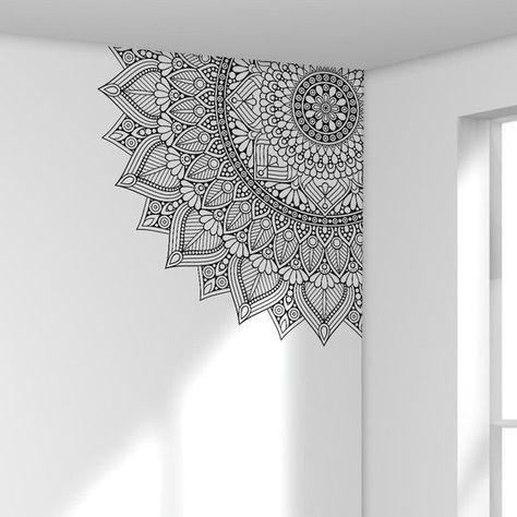 Black Paint Design On Wall, Mandala Painting On Wall, Mandala Wall Art Bedrooms, Wall Mandala Painting, Mandala Art On Wall, Room Wall Drawing, Mandala Wall Art Murals, Mandala Wall Painting, Mandala On Wall