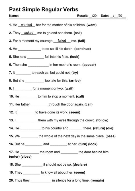 Past Simple Regular Exercises PDF Worksheet with Answers - Test 1 Past Simple Questions Worksheets, Past Perfect Worksheets With Answers, Simple Past Tense Work Sheets, Past Simple Regular Verbs Worksheets, Past Indefinite Tense Worksheet, Practice English Grammar, Past Simple Tense, English Grammar Pdf, Verbs Activities