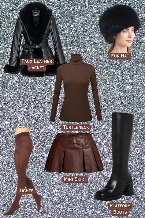 Stylish winter outfit inspiration: Faux leather jacket with faux fur collar, faux fur hat, brown leather mini skirt, brown turtleneck, brown tights, and platform leather boots. Stay chic and cozy this winter! ❄️👢 #WinterFashion #StylishEnsemble #FauxLeather #FurFashion #PlatformBoots Brown Leather Mini Skirt, Platform Leather Boots, Chic Winter Outfit, Brown Tights, Brown Turtleneck, Chic Winter Outfits, Faux Fur Hat, Skirts With Boots, Miniskirt Outfits