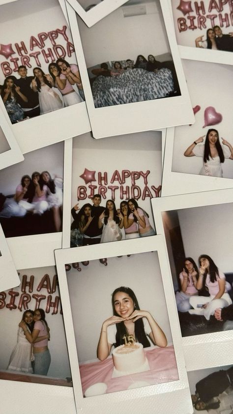 birthday party polaroid friends aesthetic Sweet 16 Party Pictures, Golden Birthday Themes, Polaroid Inspiration, Friends Polaroid, Birthday Party Aesthetic, Photo Collage Ideas, Birthday Cake Pinterest, Polaroid Ideas, 15th Birthday Party Ideas