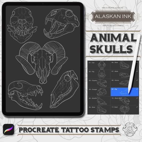 ✅CLICK THE LINK!⬆️ Download this FREE procreate brush set featuring 10 hand-drawn animal skulls perfect for adding spooky details to your illustrations. #procreate #procreatebrushes . #Tiger_Stencil #Tattoo_Stamp #Animal_Skull_Tattoos #Tattoo_Skulls Tattoo Stamps Procreate, Tiger Stencil, Tattoo Skulls, Linework Tattoo, Create A Tattoo, Create Your Own Tattoo, Brushes Procreate, Baroque Frames, Procreate Brushes Free