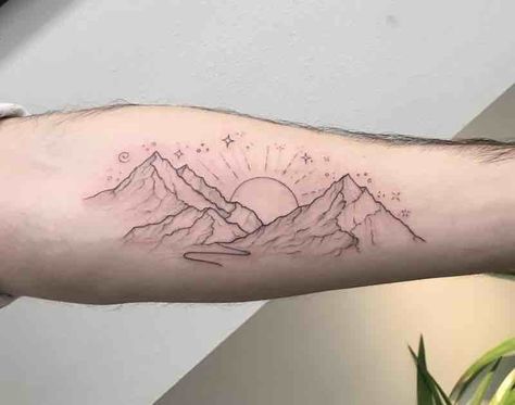 23 Remarkable Mountain Tattoos - Tattoo Insider Moutain Tattoos, Small Mountain Tattoo, Berg Tattoo, Sunrise Tattoo, Mountain Tattoos, Mountain Range Tattoo, River Tattoo, Mountain Tattoo Simple, Adventure Tattoo