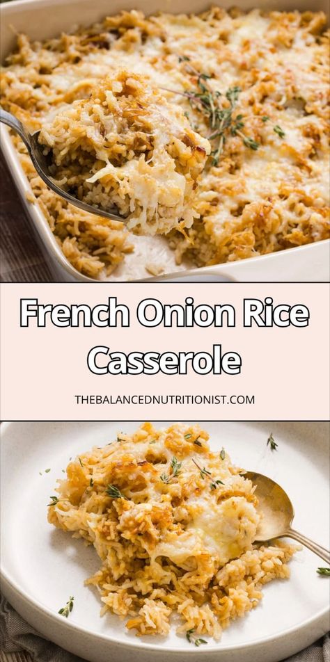 This french onion rice casserole is comforting, cheesy, and perfect for a family dinner. Made with french onion soup mix, this french onion rice recipe is an easy and flavorful rice side dish. Try this onion soup rice for a cozy addition to any meal! French Onion Rice Casserole, Onion Rice Casserole, Chicken Onion Soup Mix Recipe, French Onion Soup Casserole, French Onion Soup Rice, Onion Soup Rice, French Onion Rice, Balanced Dinners, Onion Rice Recipe