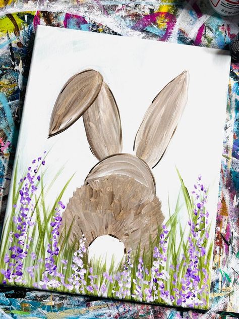 Bunny Paintings Easy, Bunny Painting Simple, Easy Bunny Paintings For Beginners, Cute Easter Paintings, Easy Easter Paintings, Easter Paintings On Canvas, Spring Flower Painting, Art Teacher Resources, Easter Drawings