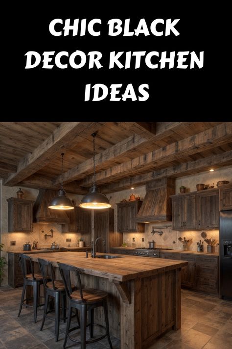 Chic black kitchen with rustic wood accents and modern lighting fixtures. Black Decor Kitchen, Black Kitchen With Wood, Black Kitchen Decor Ideas, Modern Black Decor, Matte Black Cabinets, Black Marble Countertops, Decor Kitchen Ideas, Black Kitchen Decor, Different Shades Of Black