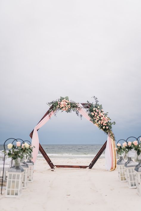 Pink White Gold Wooden Hexagon Arch with Flowers for Gulf Shores, Alabama Beach Wedding Beach Wedding Arbors, Hexagon Wedding Arch, August Wedding Colors, Hexagon Arch, Royal Blue Wedding Theme, Wooden Wedding Arches, Wedding Arch Ideas, Hexagon Wedding, Wedding Arbors