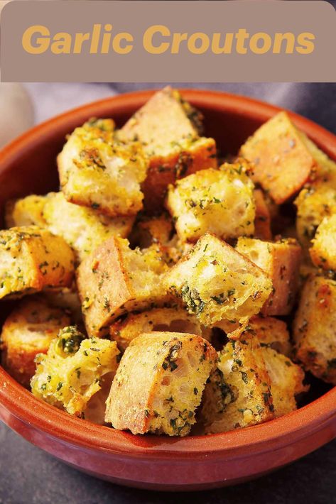 These Easy Vegan Garlic Croutons are so tasty and crunchy. They only take 20 minutes to prepare and bake and go greats with soups and salads. #veganuary #easyveganrecipes #veganrecipes #vegandinners #govegan #veganism #vegansides #vegansnacks #easyveganrecipes #vegancroutons Vegan Croutons, Tofu Croutons, Gluten Free Croutons, Garlic Croutons, Chickpea Soup, Croutons Homemade, Celery Soup, Vegan Sides, Eat To Live