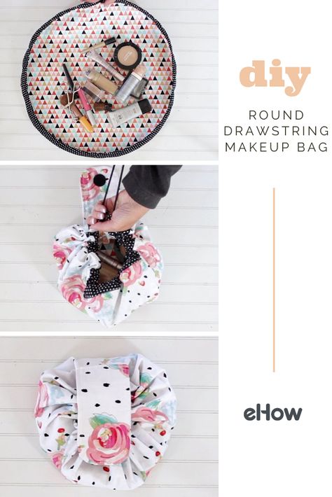 This DIY drawstring makeup bag will help you on your way to feeling more organized and will make it simple to sort, pack, and access your cosmetics anytime. Stash And Go Drawstring Bag, Round Makeup Bag Diy, Lay Flat Makeup Bag Pattern, Round Drawstring Makeup Bag Pattern, Drawstring Makeup Bag Pattern Free, How To Wrap Makeup As A Gift, Drawstring Makeup Bag Diy, Circle Drawstring Bag, Sew Scraps