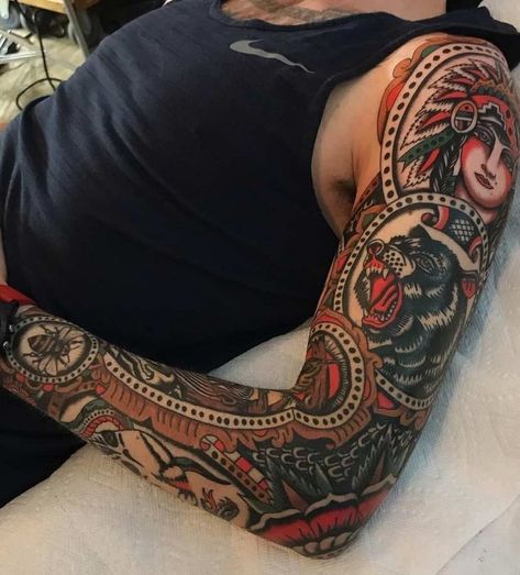 American Traditional Sleeve, Mangas Tattoo, Traditional Tattoo Inspiration, Traditional Style Tattoo, Traditional Sleeve, Traditional Tattoo Sleeve, Old School Tattoo Designs, American Tattoos, Traditional Tattoo Design