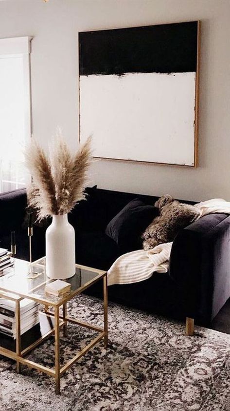 Transitional-Modern Living Room #design #homedecor #interiors #decor #home #homedesign #furniture #designer #interiorstyling #interiorinspiration #black #blackinterior #repin Transitional Modern Living Room, Black Sofa Living Room Decor, Black Sofa Living Room, Black Couch, Fall Living Room Decor, Black Living Room, Black Room, Aesthetic Decor, Black Sofa