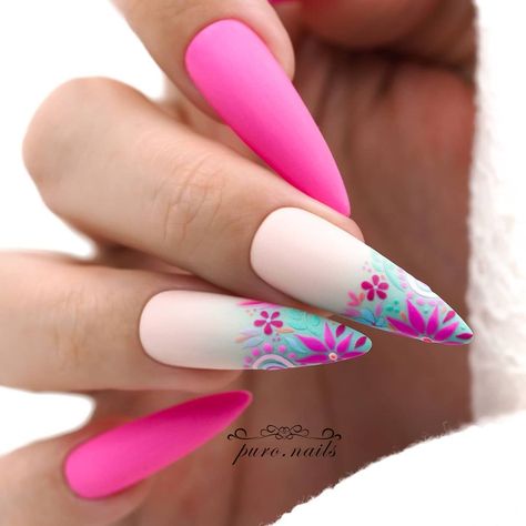 Bright Pink Nails, Neon Pink Nails, Hot Nail Designs, Nude Nail Designs, Nail Art Designs Summer, Flower Nail Designs, Flower Nail, Nail Swag, Pink Nail Designs