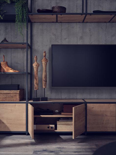 Freestanding Tv Unit, Wood And Metal Tv Unit, Tv Wall Accent, Shelving Alcove, Tv Floating Shelves Ideas Tv Walls, Floating Shelf Tv Wall, Style Tv Unit, Tv Shelf Design, Floating Shelves Tv Wall