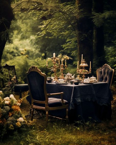 Victorian Garden Aesthetic Dark, Creepy Garden Aesthetic, Dark Academia Backyard, Gothic Alice In Wonderland Tea Party, Dark Academia Aesthetic Party, Dark Fairytale Decor, Gothic Garden Party, Dark Fantasy Party, Dark Academia Tea Party