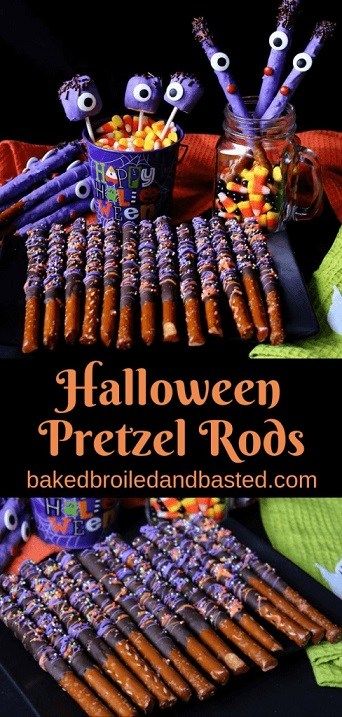 My List of 25 All Time Favorite Halloween Cupcakes and Treats Halloween Pretzel Rods, Halloween Pretzels Rods, Pretzel Rods Dipped, Chocolate Covered Pretzels Halloween, Halloween Dip, Halloween Dessert Table, Halloween Pretzels, Dipped Pretzel Rods, Pretzel Treats