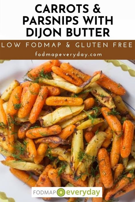 Low FODMAP Carrots & Parsnips with Dijon Butter is an easy, roast vegetable dish featuring Dijon, coriander & fresh dill. Very low FODMAP! #glutenfre #vegetarian #easyrecipe #sidedish #healthyrecipe #lowfodmapdiet#fodmap #lowfodmap #fodmapeveryday #ibs #ibsdiet Fodmap Recipes Vegetarian, Low Fodmap Dinner Recipes Easy, Low Fodmap Fall Recipes, Lowfodmap Easy Dinner, Dijon Butter, Fodmap Soup, Low Fodmap Vegetables, Vegetable Tian, Carrots And Parsnips