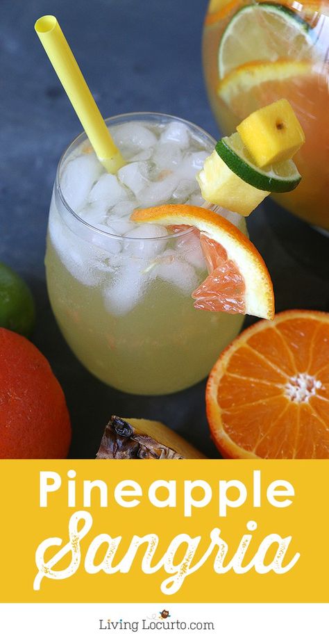 A tropical twist on the traditional white sangria. This Pineapple Sangria recipe is a perfect coconut rum drink for a luau or just sipping by the pool. Pineapple Sangria Recipes, Pineapple Sangria, Coconut Rum Drinks, Yummy Summer Cocktails, Rum Punch Recipes, Layered Drinks, White Sangria, Sangria Recipe, Tropical Twist