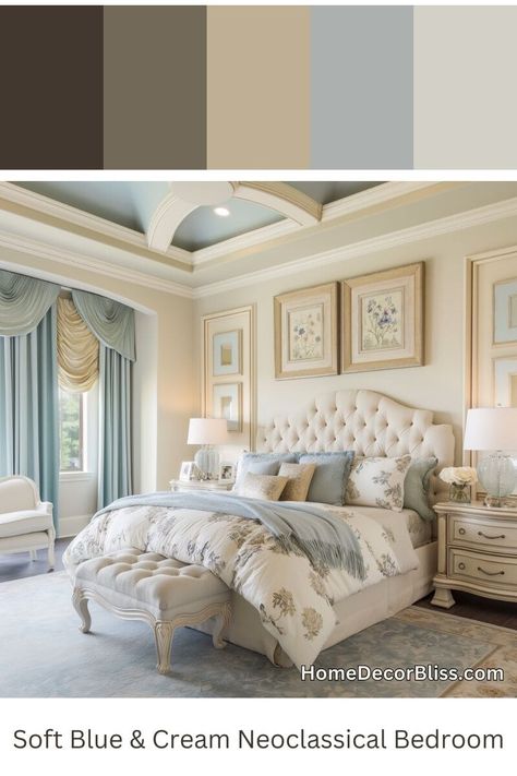 Neoclassical Bedroom: Blue and Cream Color Scheme Royal Modern Bedroom, Classical Theme Bedroom, Neoclassical Bedroom Luxury, Soft Blue Bedroom, Neoclassical Master Room Design, Master Bedrooms Decor Neoclassic, Neoclassic Master Room, Bedrooms Ideas For Couples, Neoclassical Bedroom