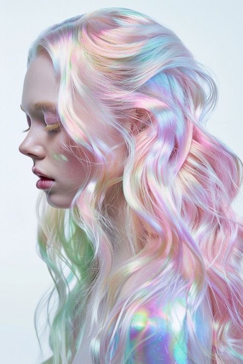 Starry Hairstyles, Opal Hair Color, Opal Aesthetic, Tips For Hair, Self Haircut, Holographic Hair, Opal Hair, Granny Hair, Fishtail Braid Hairstyles