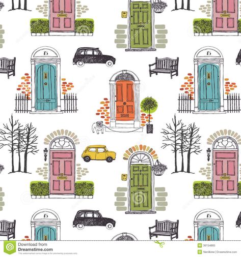 Colored Doors, Free Vector Backgrounds, Detailed Coloring Pages, Photo Pattern, Cool Art Projects, House Illustration, Hand Drawn Pattern, Urban Sketching, Seamless Background