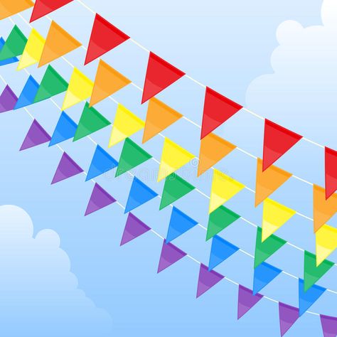 Photo about A rainbow of vector pennants against a cloudy sky. Illustration of purple, flag, rainbow - 9424747 Wedding Flags, Rainbow Party Ideas, Outdoor Garland, Rainbow Backdrop, Rainbow Parties, Felt Banner, Party Flags, Banners Buntings, Pennant Flag