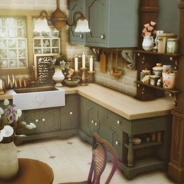 Overgrown Cottage, Cottagecore Furniture, Cottage Core Interior, Sims Rooms, Cottage Core Kitchen, Sims 4 Cottage, Cottage House Interior, Cozy Cottage Kitchen, Cottage Kitchen Cabinets