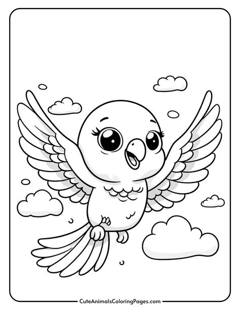 Cute cartoon bird with big eyes flying among fluffy clouds, designed for coloring activities. Ideal for children's art projects and creative expression. Animal Coloring Pages Free Printable, Parrot Coloring Page, Parrot Cute, Cute Animals Coloring Pages, Parrot Craft, Cute Animals Coloring, Beautiful Parrots, Parrot Drawing, Cartoon Bird