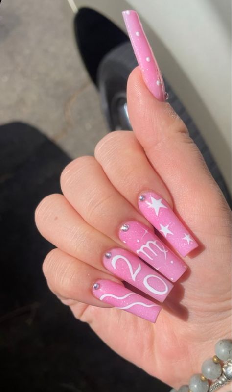 Birthday Nails Virgo 20, 23 Birthday Nails Design, Pink Birthday Nails Virgo, Nails Bday Ideas, Pretty Birthday Nails Pink, Birthday Nails For Virgos, 22nd Birthday Nail Designs, Pink Taurus Birthday Nails, Birthday Nails For Libras