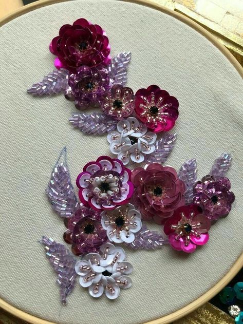 Sequence Embroidery Design Pattern, Sequin Flowers Embroidery, Sequence Flower Embroidery, Sequence Embroidery Design, Tambour Beading, Embroidery Fashion Detail, Simple Hand Embroidery Patterns, Birds Embroidery Designs, Hand Beaded Embroidery