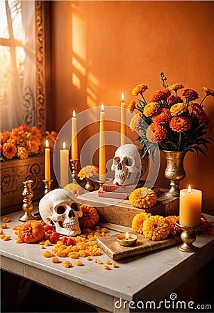 ai-generated-day-dead-altar-table-skulls-candles-surrounded-marigold-flowers Day Of The Dead Alters Ideas Diy, Day Of The Dead Altar Ideas, Day Of The Dead Altar, Dia De Los Muertos Decorations Ideas, Marigold Flowers, Altar Table, Skull Candle, Marigold Flower, Decorations Ideas