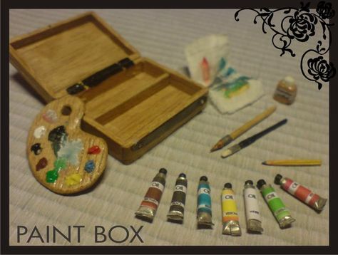 Miniature dollhouse paint box by Yuki-Myst.deviantart.com on @deviantART Diy Doll Miniatures, Mini Craft, Miniature Rooms, Binder Folder, Knitted Animals, Miniature Diy, Diy Dollhouse Furniture, Miniature Crafts, Mini Things