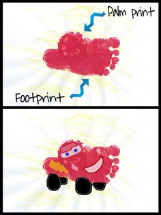 CARS/Lightning McQueen handprint/footprint art project for kids/toddlers Disney Art Projects, Disney Crafts For Kids, Summer Crafts For Toddlers, Cars Art, Art Project For Kids, Cars Lightning Mcqueen, Baby Art Projects, Footprint Crafts, Toddler Art Projects