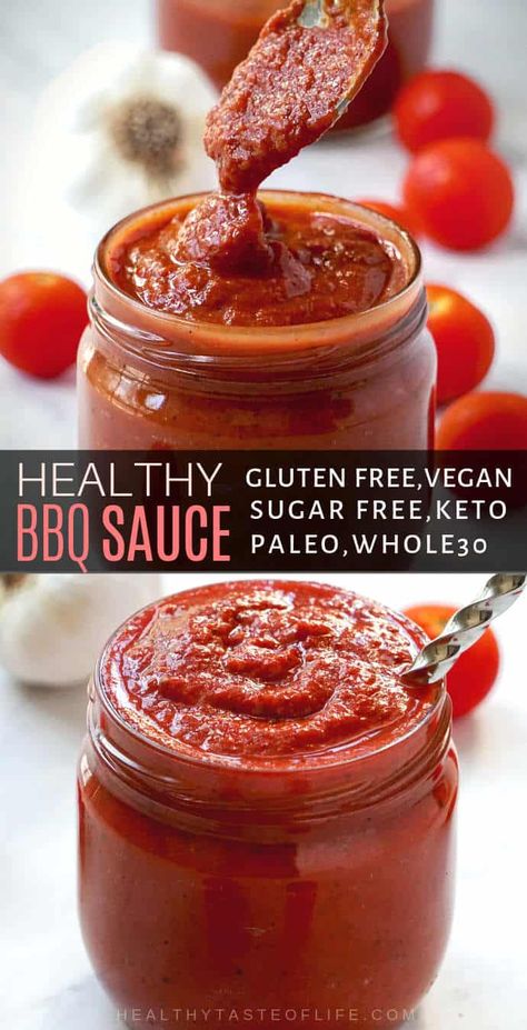 Whole30 BBQ Sauce (Vegan, Gluten Free, Keto, Sugar Free) | Healthy Taste Of Life Clean Bbq Sauce, Sugar Free Barbecue Sauce Recipe, Healthy Sauces Clean Eating, Clean Eating Sauces, Low Sugar Bbq Sauce Recipe, Healthy Barbecue Sauce, Healthy Bbq Sauce Recipe, Sugar Free Bbq Sauce Recipe, Healthy Bbq Sauce