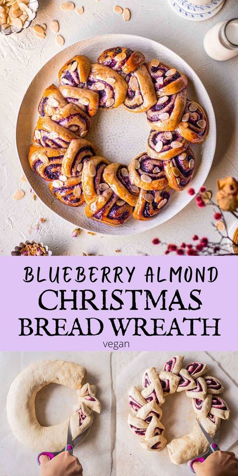 Savoury Christmas Wreath, Braided Bread Wreath, Vegan Christmas Bread, Christmas Bread Art, Christmas Showstopper Desserts, Yule Baking Recipes, Croissant Wreath, Christmas Bread Wreath, Christmas Focaccia