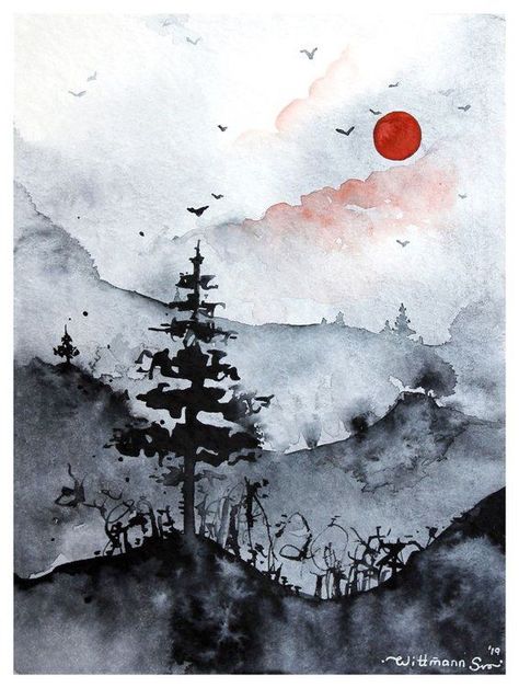 Watercolour Moon, Monochrome Landscape, Landscape With Trees, Mountains Beautiful, Watercolor Paintings Nature, Japanese Watercolor, Art Watercolor Painting, Soyut Sanat Tabloları, Red Sun