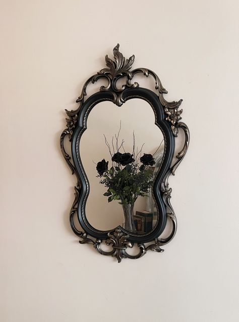 Vintage Black Mirror, Whimsigoth Mirror, Black Vintage Mirror, Victorian Mirror Frame, Gothic Snow White, Beauty And The Beast Mirror, Mirror Snow White, Gothic Candle Holders, Gallery Wall Mirror